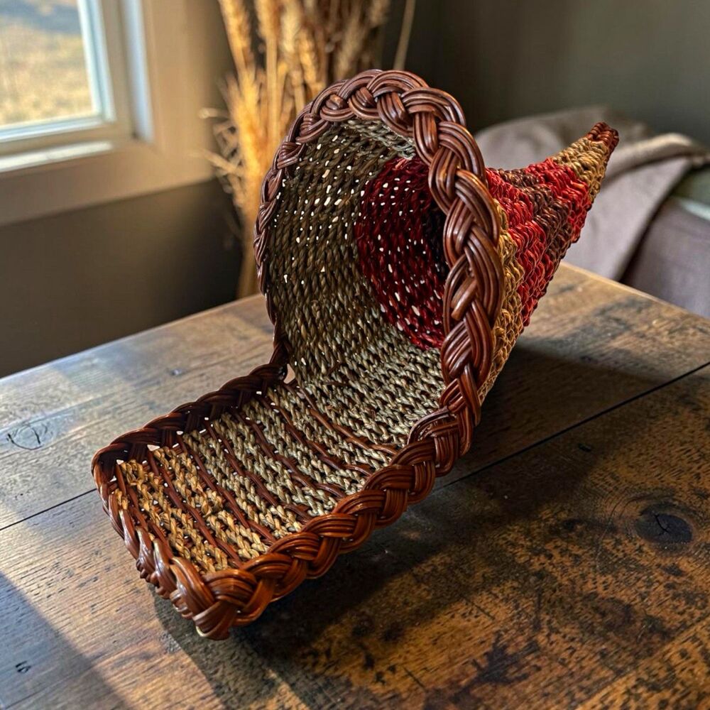 Retro 70s Striped Rattan Cornucopia Basket Boho Thanksgiving Centerpiece 14”